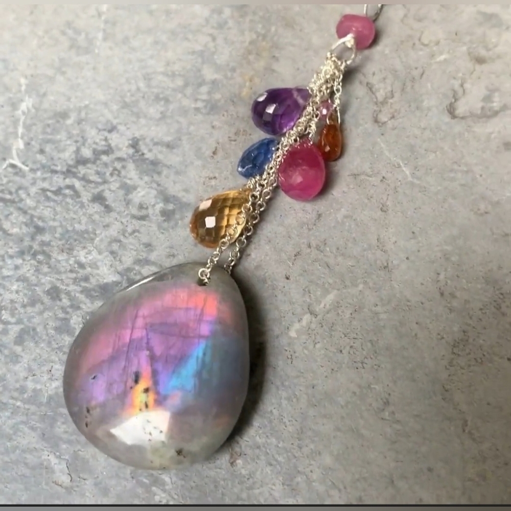 18K Yellow Gold Chain, Laboradite, Briolette Pendant with Cords